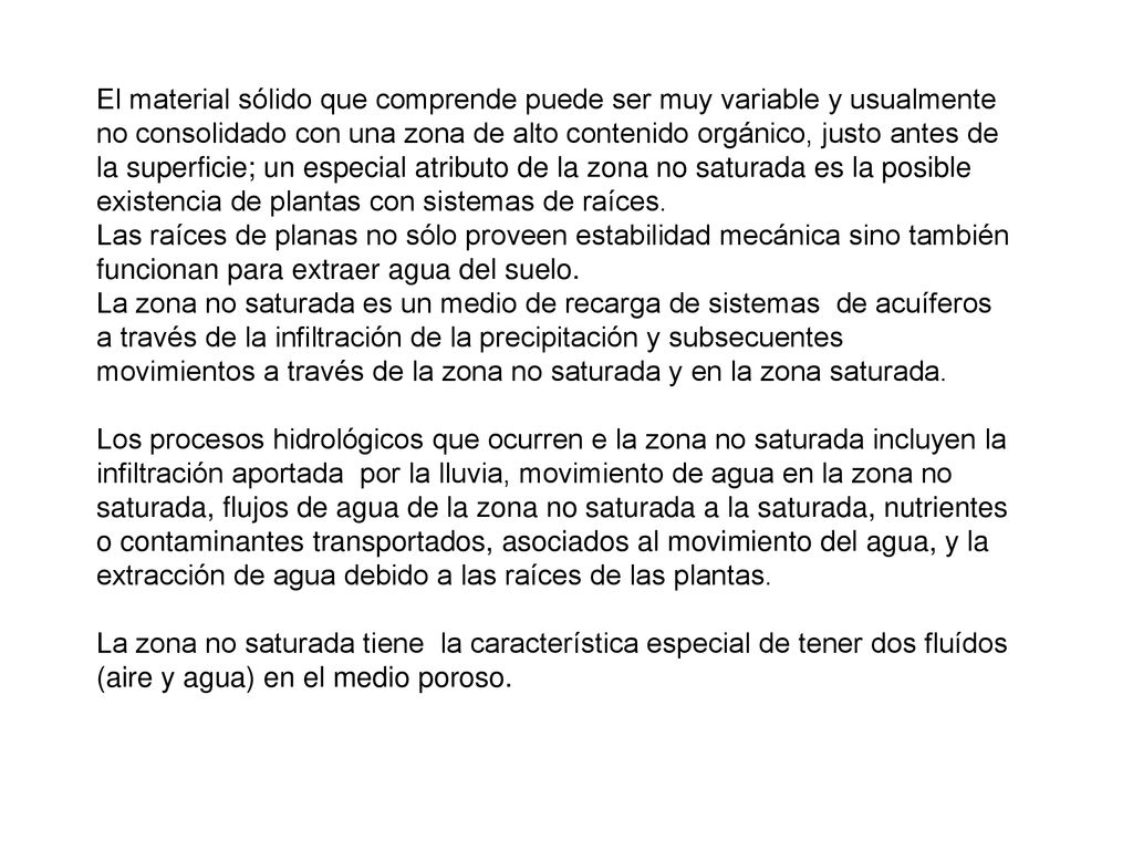 El material sólido que comprende puede ser muy variable y usualmente no consolidado con una zona de alto contenido orgánico, justo antes de la superficie; un especial atributo de la zona no saturada es la posible existencia de plantas con sistemas de raíces.