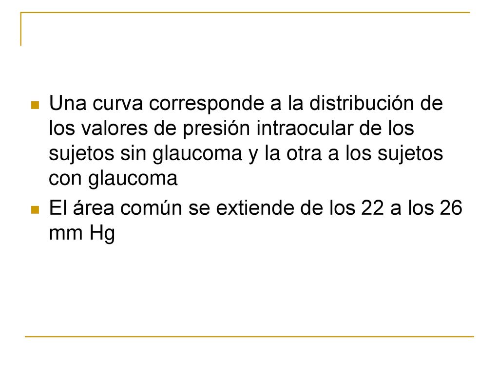 Una curva corresponde a la distribución de los valores de presión intraocular de los sujetos sin glaucoma y la otra a los sujetos con glaucoma