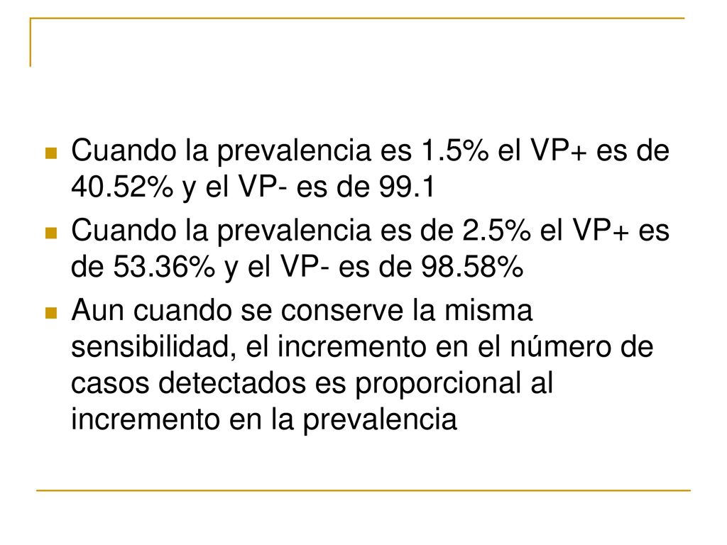 Cuando la prevalencia es 1.5% el VP+ es de 40.52% y el VP- es de 99.1