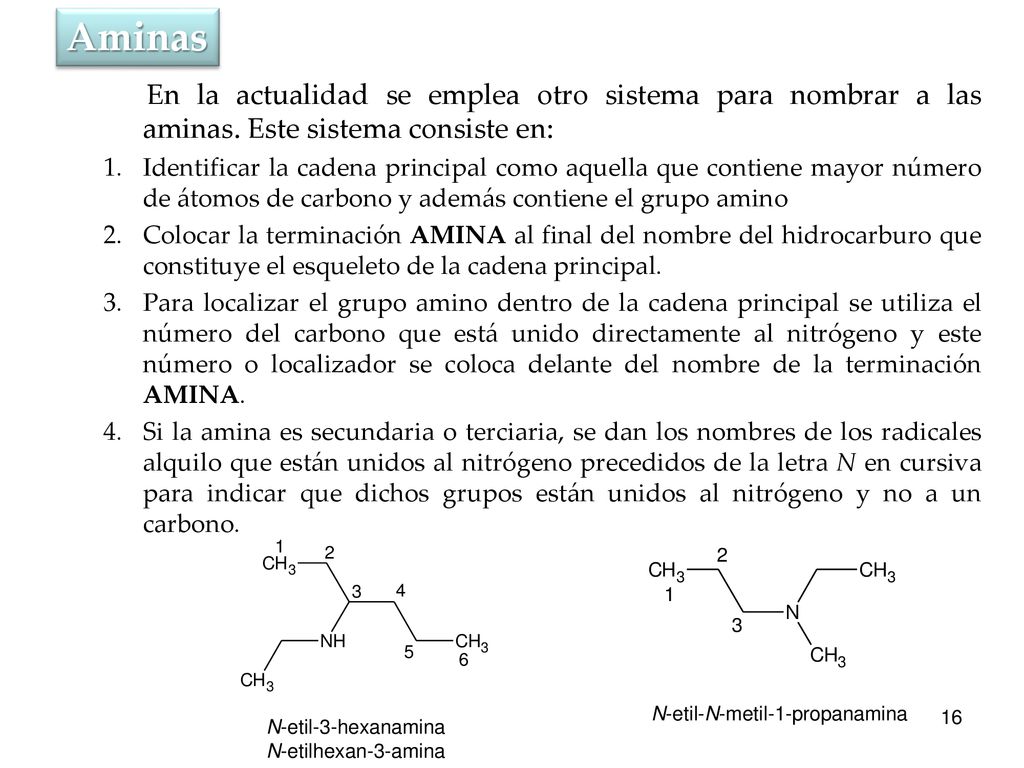 Aminas En la actualidad se emplea otro sistema para nombrar a las aminas. Este sistema consiste en:
