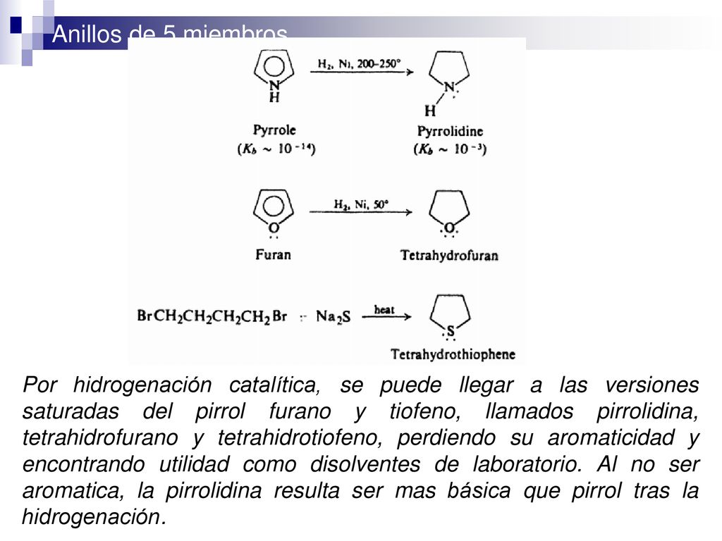Por hidrogenación catalítica, se puede llegar a las versiones saturadas del pirrol furano y tiofeno, llamados pirrolidina, tetrahidrofurano y tetrahidrotiofeno, perdiendo su aromaticidad y encontrando utilidad como disolventes de laboratorio.