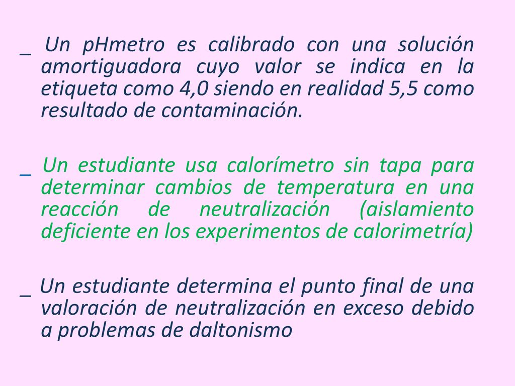 _ Un pHmetro es calibrado con una solución amortiguadora cuyo valor se indica en la etiqueta como 4,0 siendo en realidad 5,5 como resultado de contaminación.