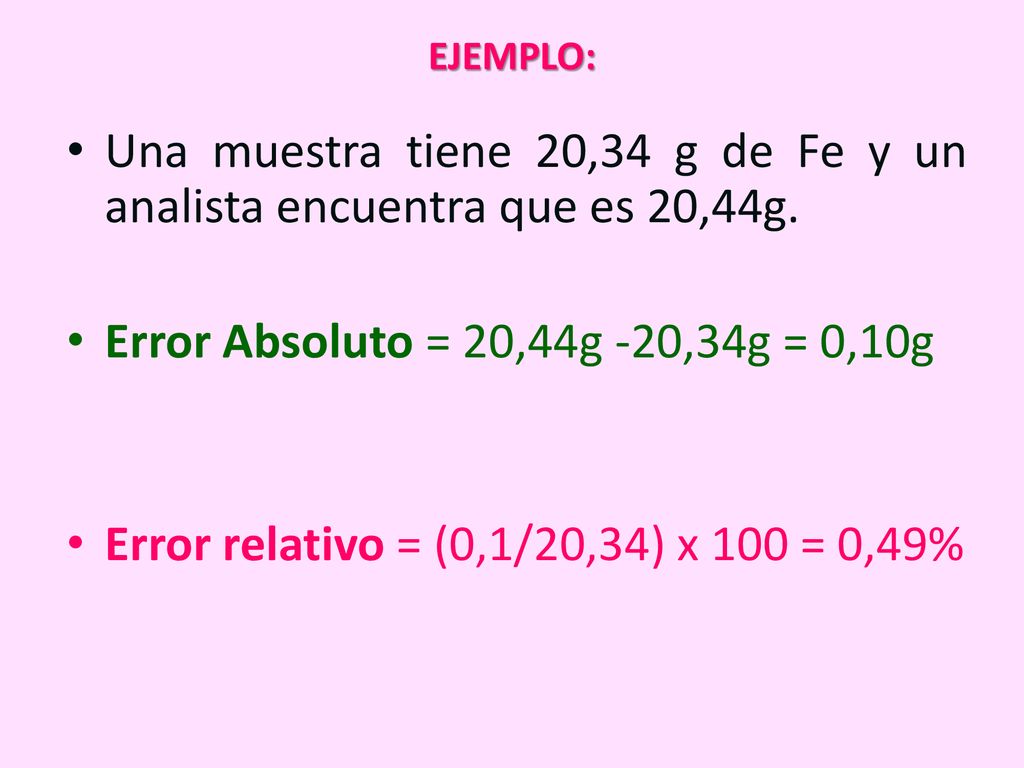 Una muestra tiene 20,34 g de Fe y un analista encuentra que es 20,44g.