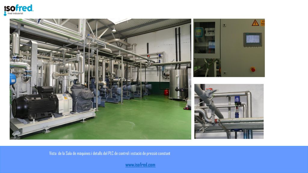 Vista de la Sala de màquines i detalls del PLC de control i estació de pressió constant