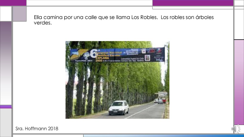 Ella camina por una calle que se llama Los Robles