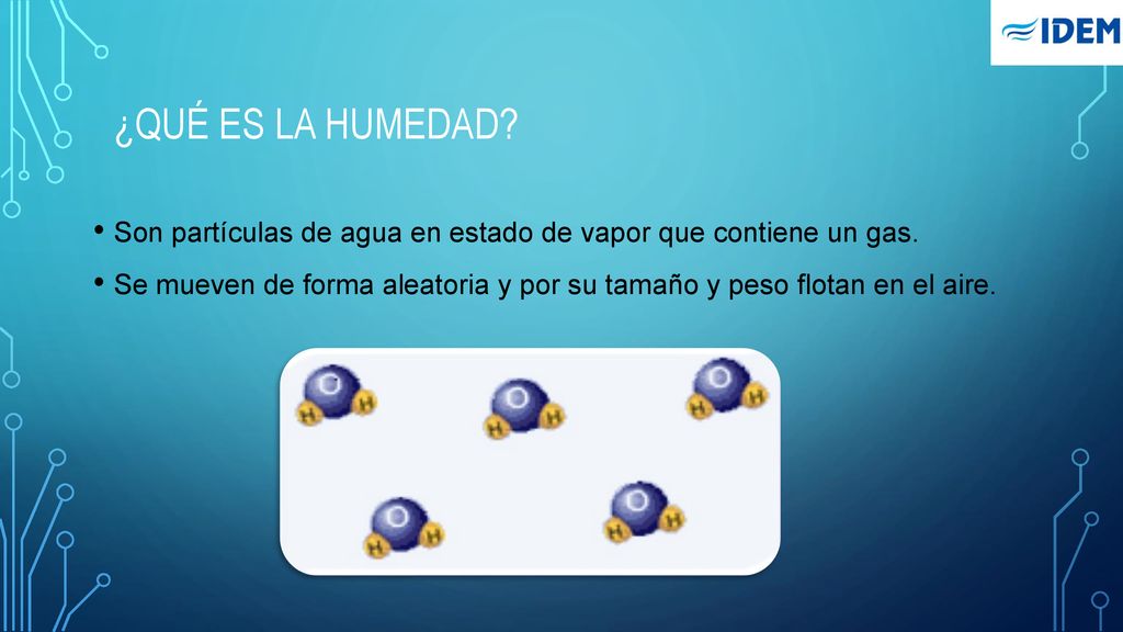 ¿Qué es la humedad Son partículas de agua en estado de vapor que contiene un gas.