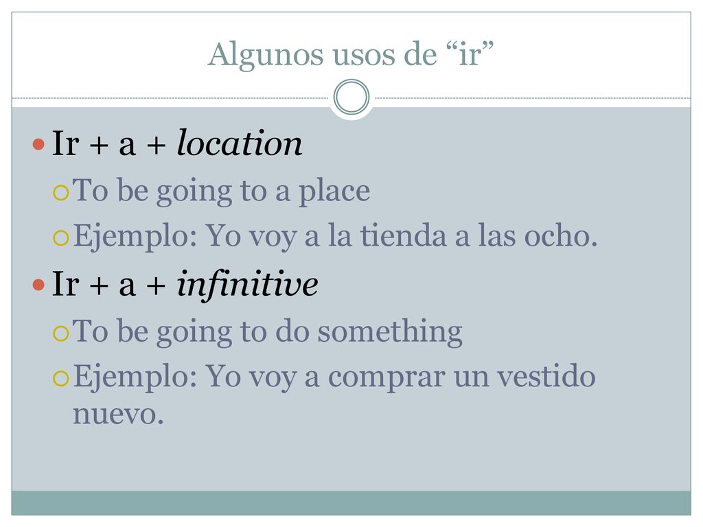 Ir + a + location Ir + a + infinitive Algunos usos de ir