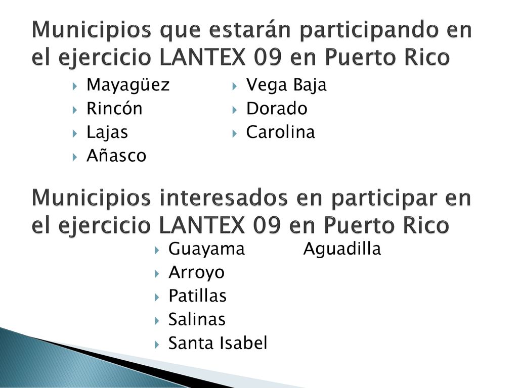 Municipios que estarán participando en el ejercicio LANTEX 09 en Puerto Rico