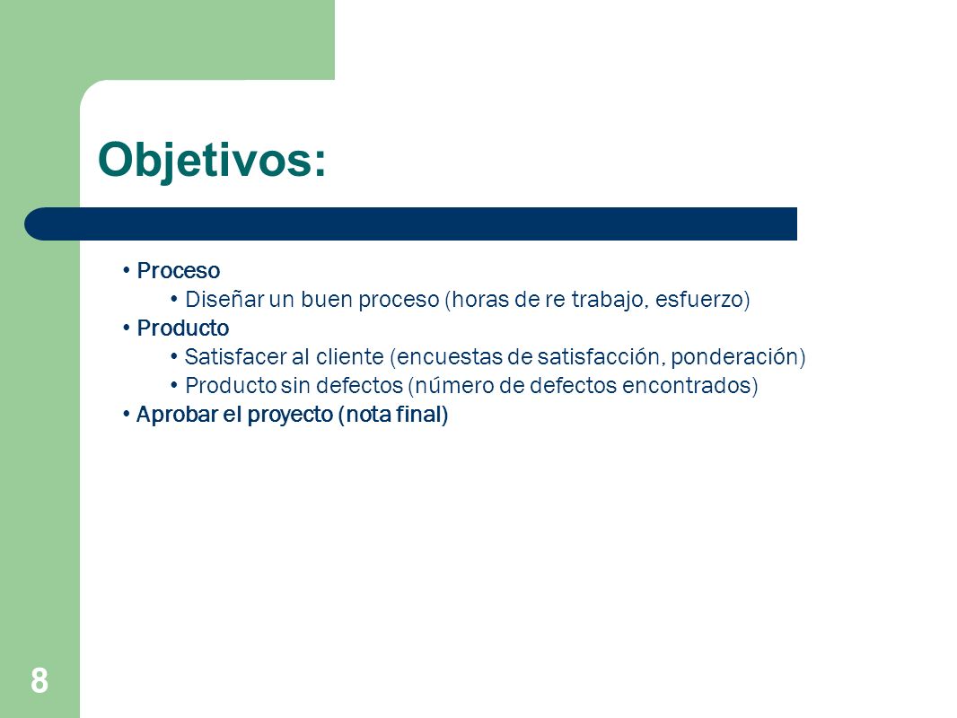 Objetivos: Proceso. Diseñar un buen proceso (horas de re trabajo, esfuerzo) Producto.