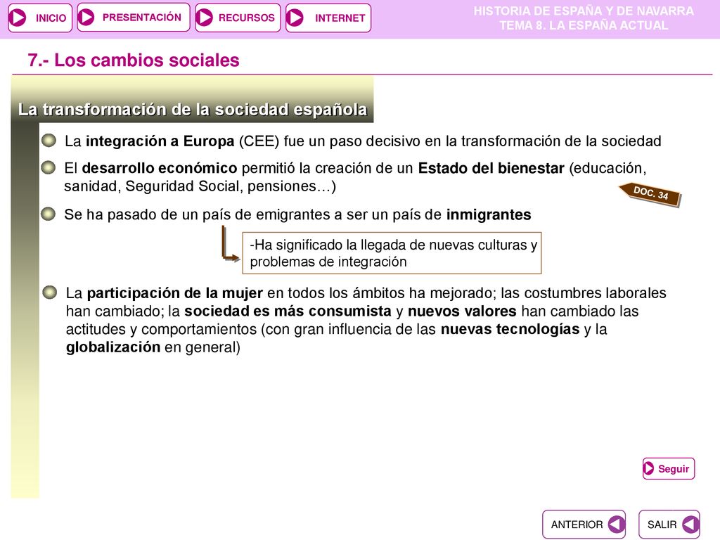 7.- Los cambios sociales La transformación de la sociedad española
