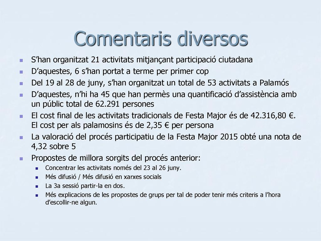 Comentaris diversos S’han organitzat 21 activitats mitjançant participació ciutadana. D’aquestes, 6 s’han portat a terme per primer cop.