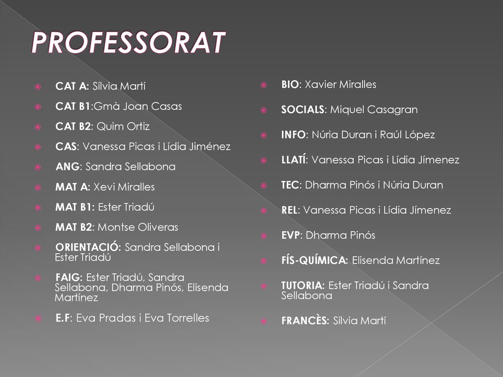 PROFESSORAT E.F: Eva Pradas i Eva Torrelles BIO: Xavier Miralles
