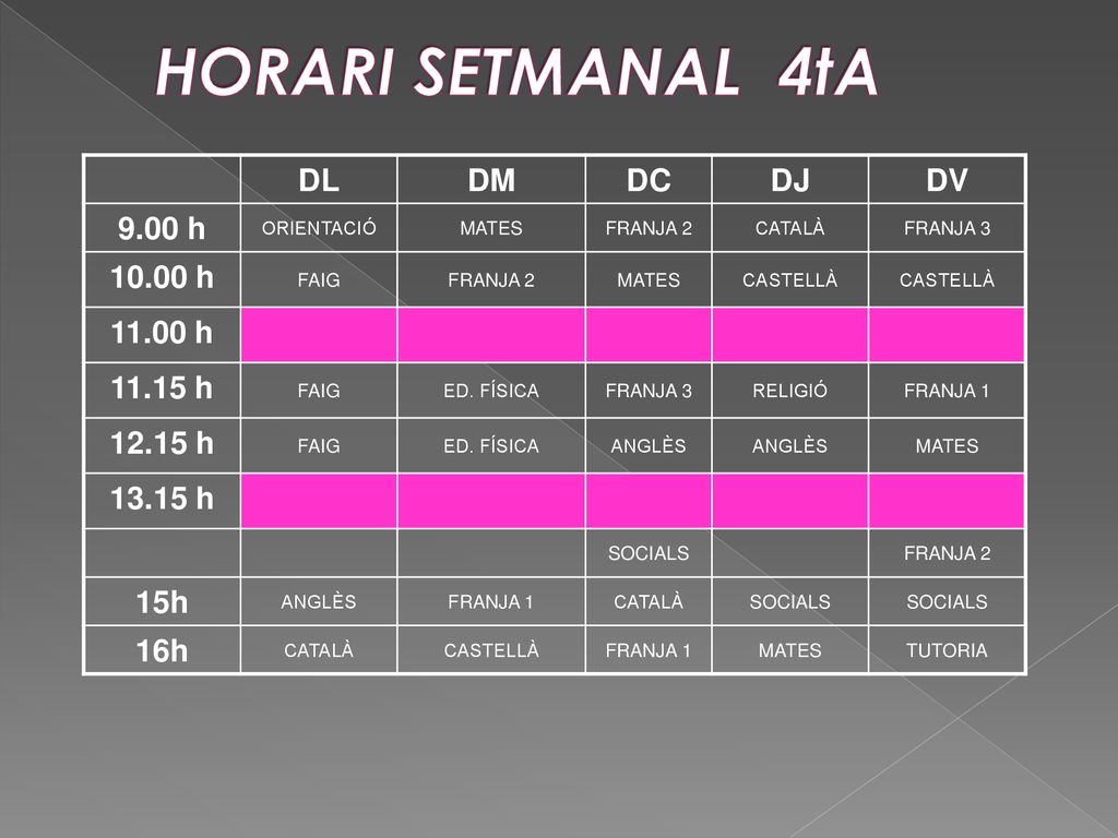 HORARI SETMANAL 4tA DL DM DC DJ DV 9.00 h h h h