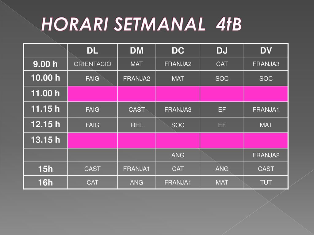 HORARI SETMANAL 4tB DL DM DC DJ DV 9.00 h h h h