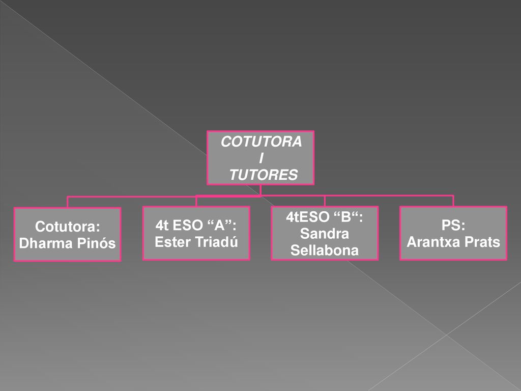 COTUTORA I. TUTORES. Cotutora: Dharma Pinós. 4t ESO A : Ester Triadú. 4tESO B : Sandra Sellabona.