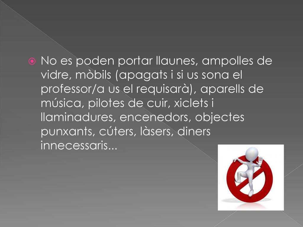No es poden portar llaunes, ampolles de vidre, mòbils (apagats i si us sona el professor/a us el requisarà), aparells de música, pilotes de cuir, xiclets i llaminadures, encenedors, objectes punxants, cúters, làsers, diners innecessaris...