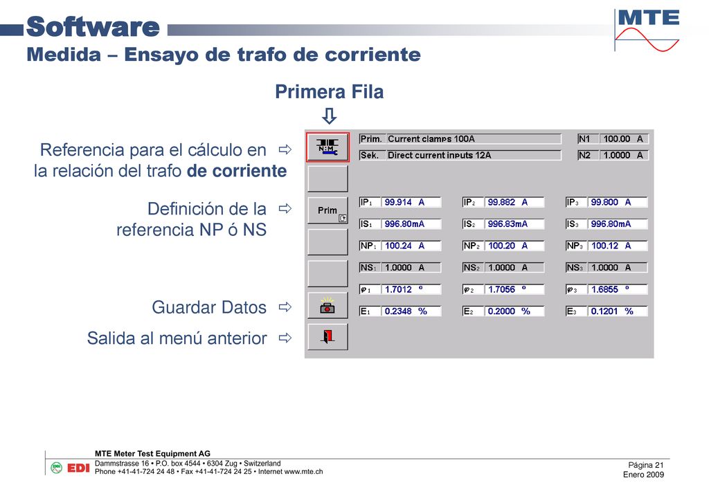 Software Medida – Ensayo de trafo de corriente Primera Fila 