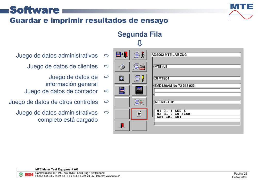 Software Guardar e imprimir resultados de ensayo Segunda Fila 