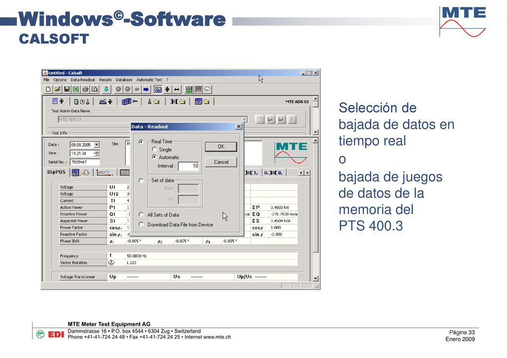 Windows©-Software CALSOFT Selección de bajada de datos en tiempo real