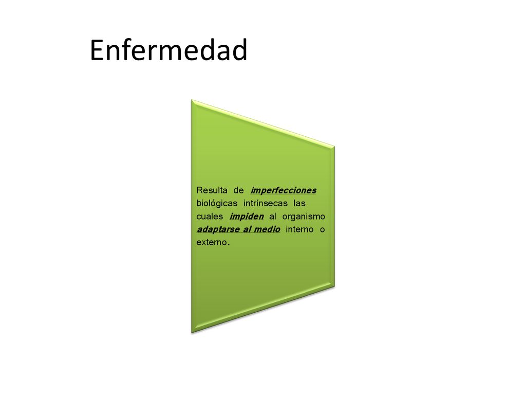 Enfermedad Cualquier estado que perturba el funcionamiento físico, biológico y mental de una persona y que por lo tanto afecta su bienestar.