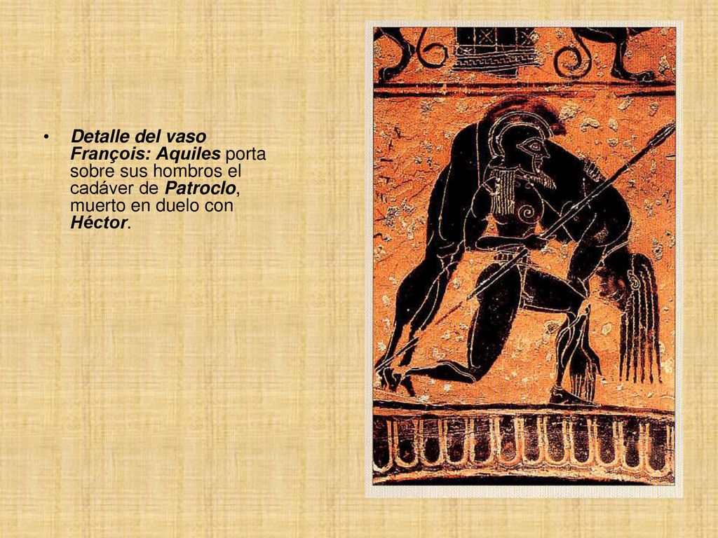 Detalle del vaso François: Aquiles porta sobre sus hombros el cadáver de Patroclo, muerto en duelo con Héctor.