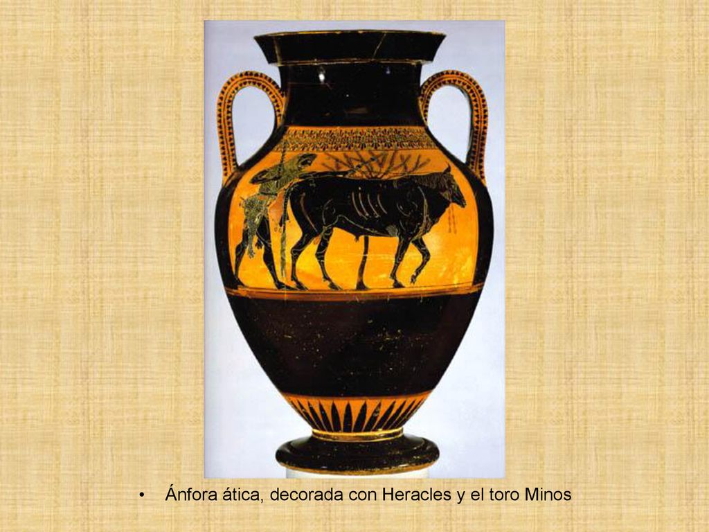 Ánfora ática, decorada con Heracles y el toro Minos