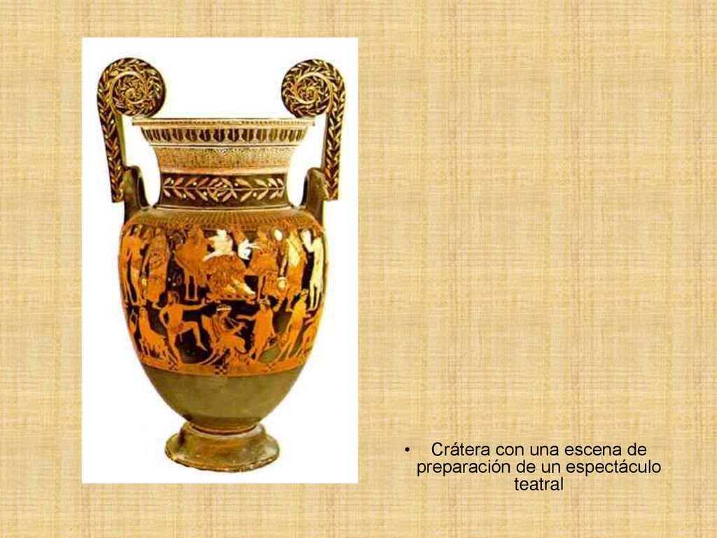 Crátera con una escena de preparación de un espectáculo teatral