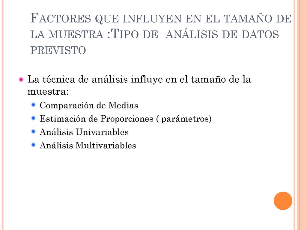 Factores que influyen en el tamaño de la muestra :Tipo de análisis de datos previsto