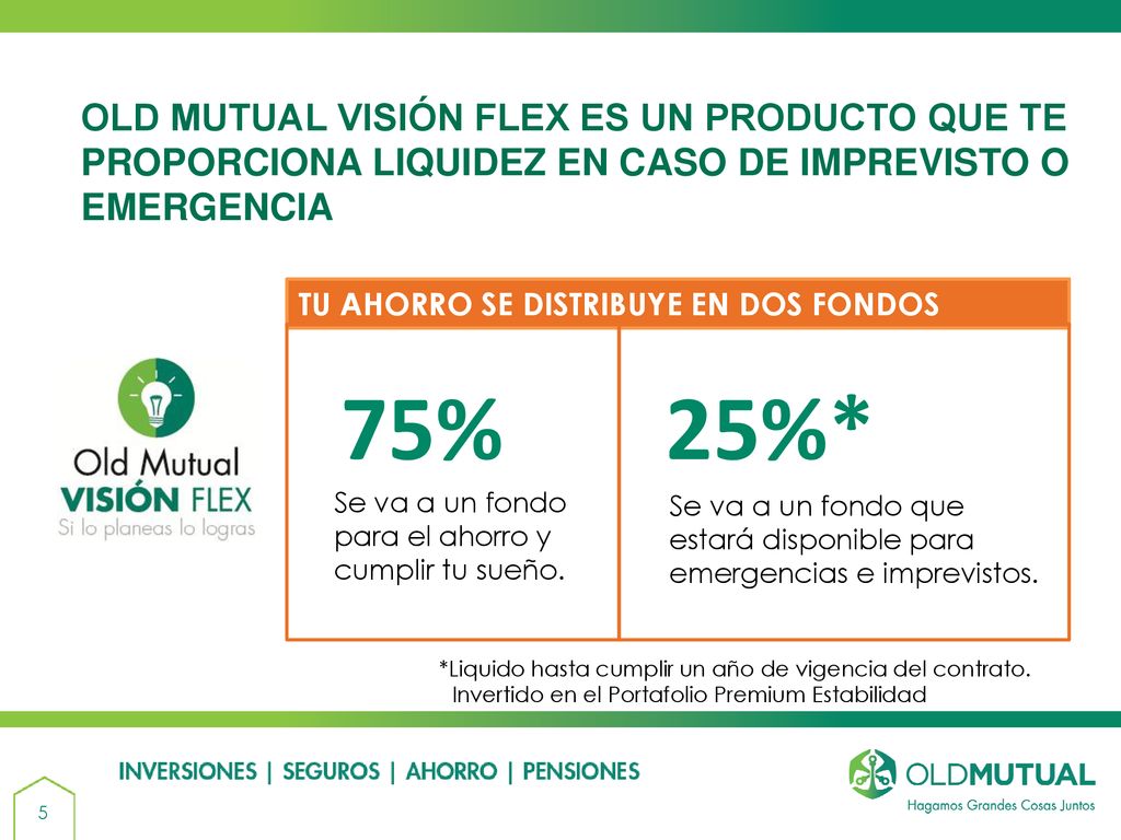 OLD MUTUAL VISIÓN FLEX ES UN PRODUCTO QUE TE PROPORCIONA LIQUIDEZ EN CASO DE IMPREVISTO O EMERGENCIA