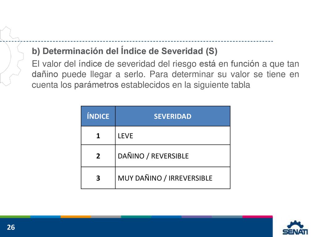 b) Determinación del Índice de Severidad (S) El valor del índice de severidad del riesgo está en función a que tan dañino puede llegar a serlo. Para determinar su valor se tiene en cuenta los parámetros establecidos en la siguiente tabla
