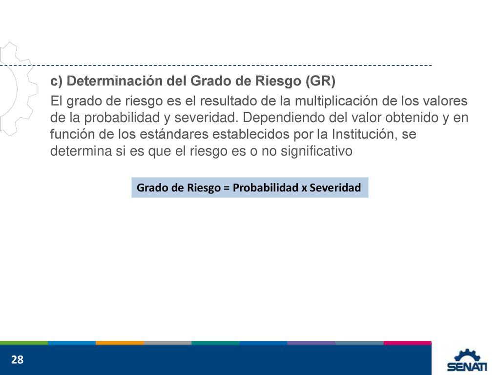 c) Determinación del Grado de Riesgo (GR) El grado de riesgo es el resultado de la multiplicación de los valores de la probabilidad y severidad. Dependiendo del valor obtenido y en función de los estándares establecidos por la Institución, se determina si es que el riesgo es o no significativo