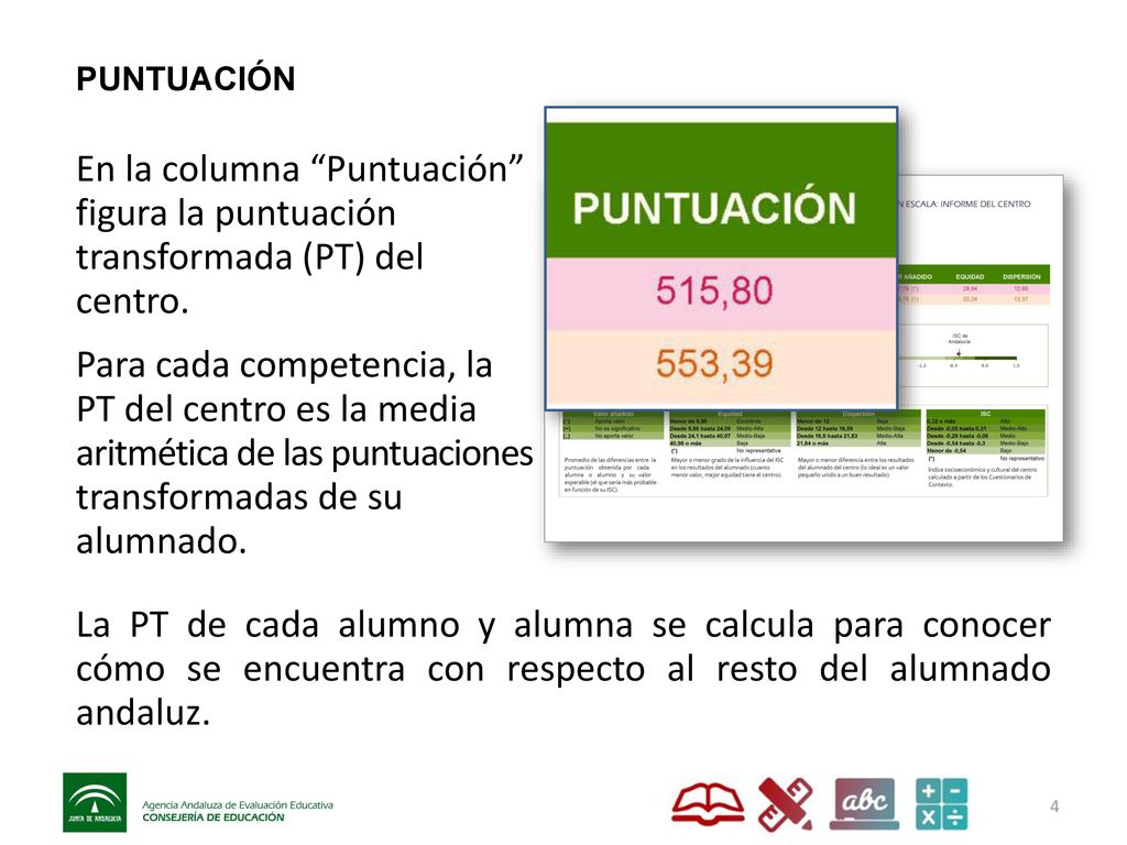 PUNTUACIÓN En la columna Puntuación figura la puntuación transformada (PT) del centro.