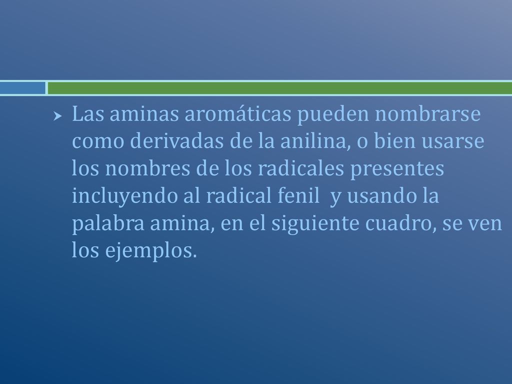 Las aminas aromáticas pueden nombrarse como derivadas de la anilina, o bien usarse los nombres de los radicales presentes incluyendo al radical fenil y usando la palabra amina, en el siguiente cuadro, se ven los ejemplos.