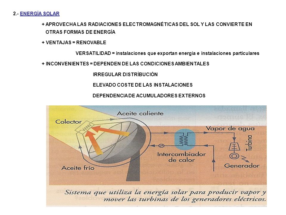 2.- ENERGÍA SOLAR + APROVECHA LAS RADIACIONES ELECTROMAGNÉTICAS DEL SOL Y LAS CONVIERTE EN OTRAS FORMAS DE ENERGÍA.