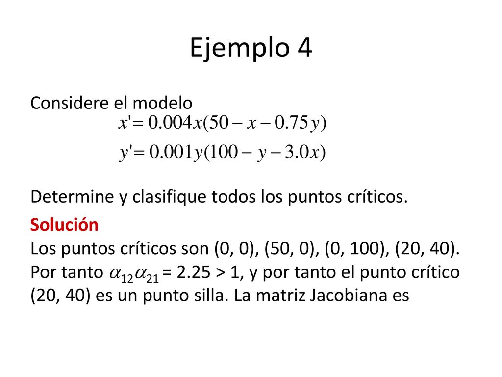 Ejemplo 4 Considere el modelo Determine y clasifique todos los puntos críticos.