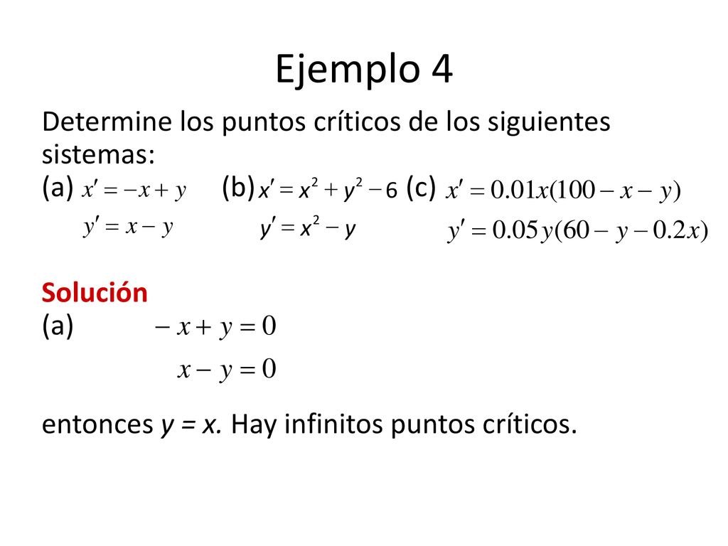 Ejemplo 4 Determine los puntos críticos de los siguientes sistemas: (a) (b) (c)