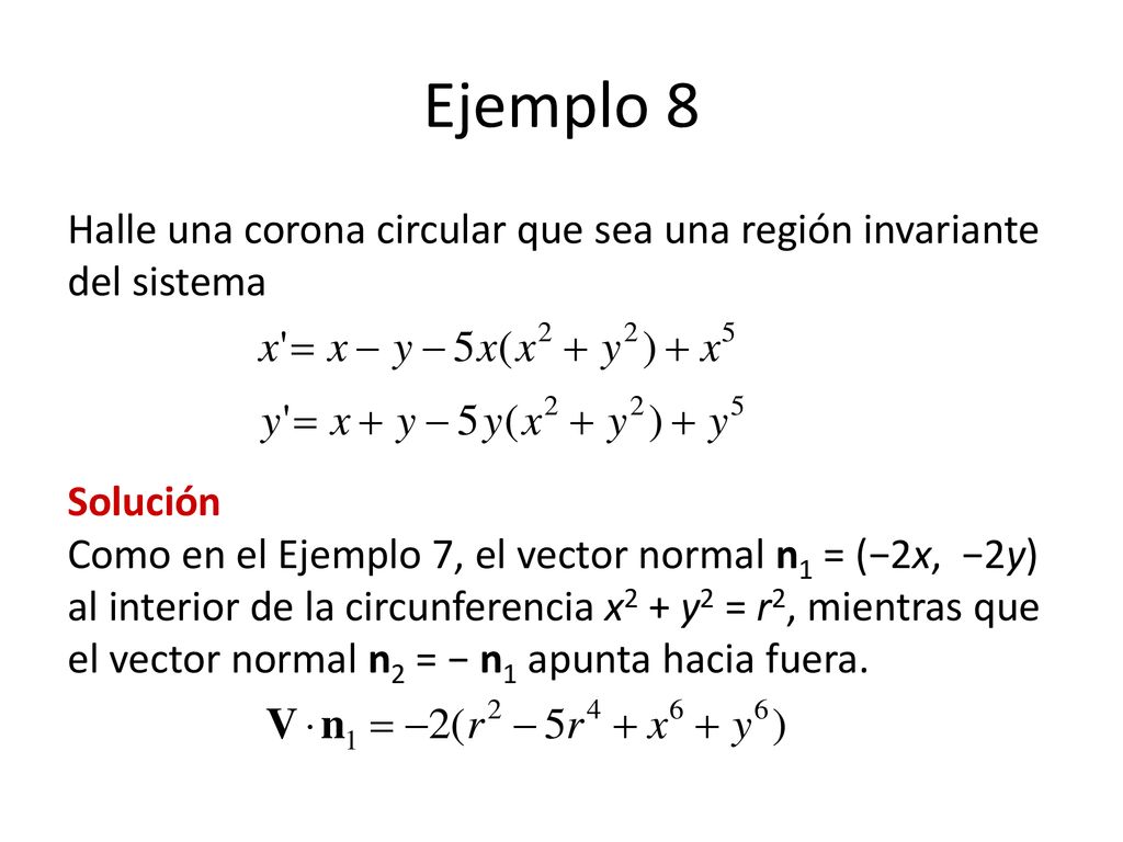 Ejemplo 8 Halle una corona circular que sea una región invariante del sistema.