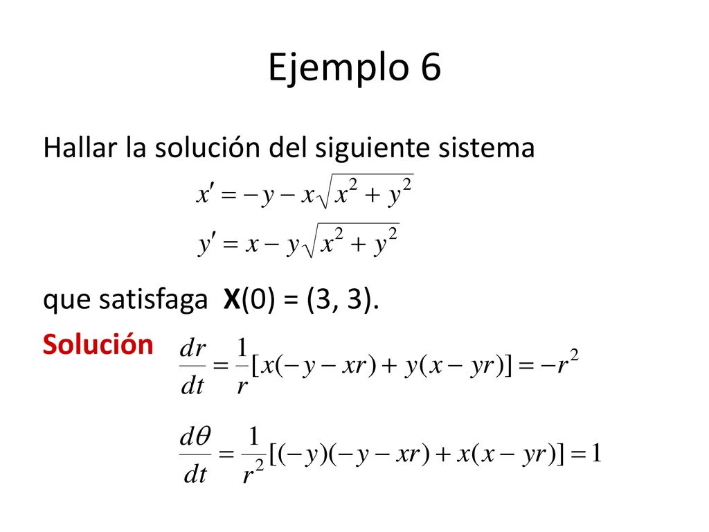 Ejemplo 6 Hallar la solución del siguiente sistema que satisfaga X(0) = (3, 3). Solución