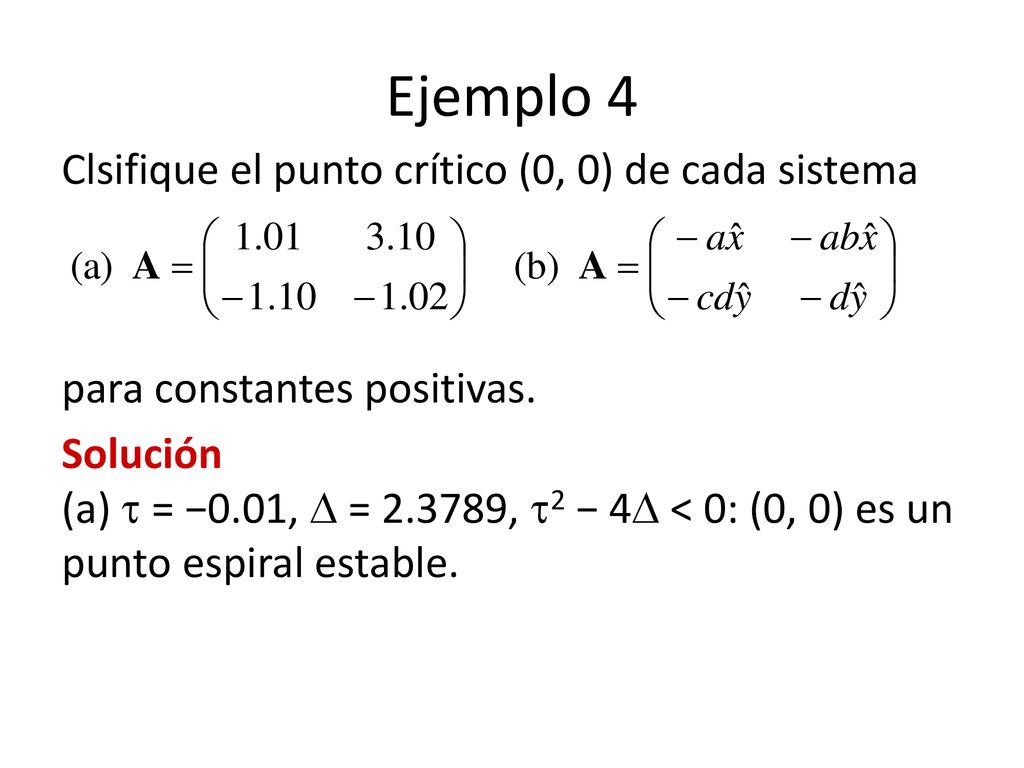 Ejemplo 4 Clsifique el punto crítico (0, 0) de cada sistema para constantes positivas.