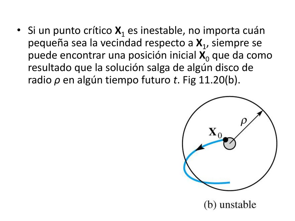 Si un punto crítico X1 es inestable, no importa cuán pequeña sea la vecindad respecto a X1, siempre se puede encontrar una posición inicial X0 que da como resultado que la solución salga de algún disco de radio ρ en algún tiempo futuro t.