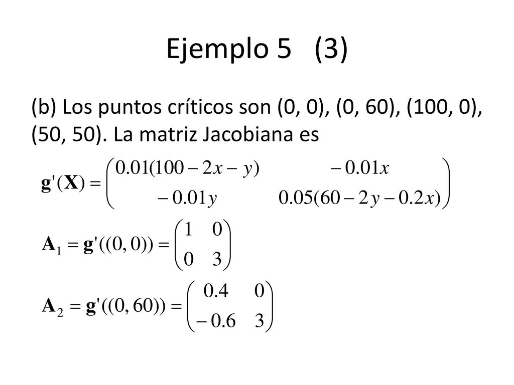 Ejemplo 5 (3) (b) Los puntos críticos son (0, 0), (0, 60), (100, 0), (50, 50).