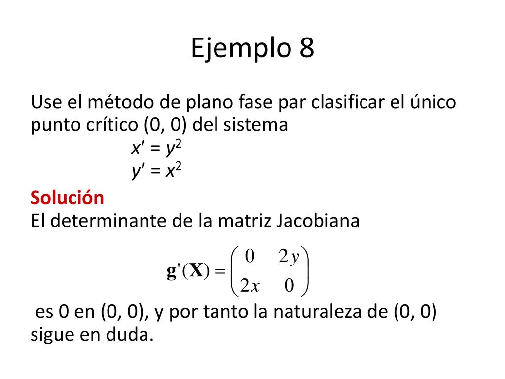 Ejemplo 8 Use el método de plano fase par clasificar el único punto crítico (0, 0) del sistema x = y2 y = x2.
