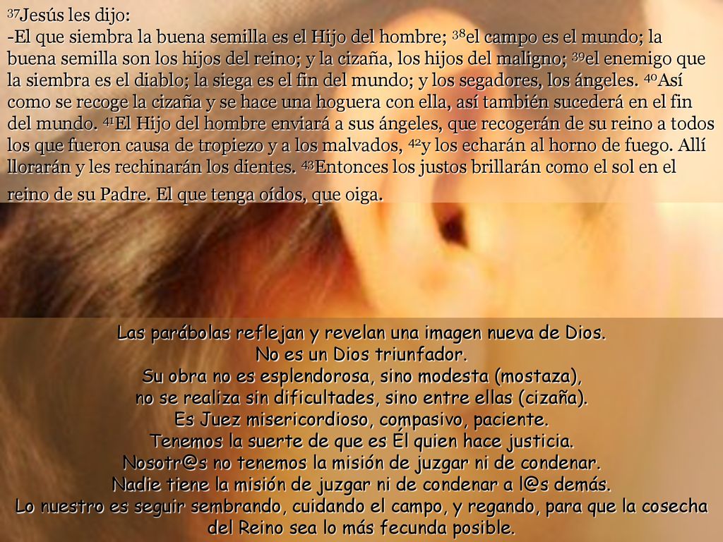 37Jesús les dijo: -El que siembra la buena semilla es el Hijo del hombre; 38el campo es el mundo; la buena semilla son los hijos del reino; y la cizaña, los hijos del maligno; 39el enemigo que la siembra es el diablo; la siega es el fin del mundo; y los segadores, los ángeles. 40Así como se recoge la cizaña y se hace una hoguera con ella, así también sucederá en el fin del mundo. 41El Hijo del hombre enviará a sus ángeles, que recogerán de su reino a todos los que fueron causa de tropiezo y a los malvados, 42y los echarán al horno de fuego. Allí llorarán y les rechinarán los dientes. 43Entonces los justos brillarán como el sol en el reino de su Padre. El que tenga oídos, que oiga.