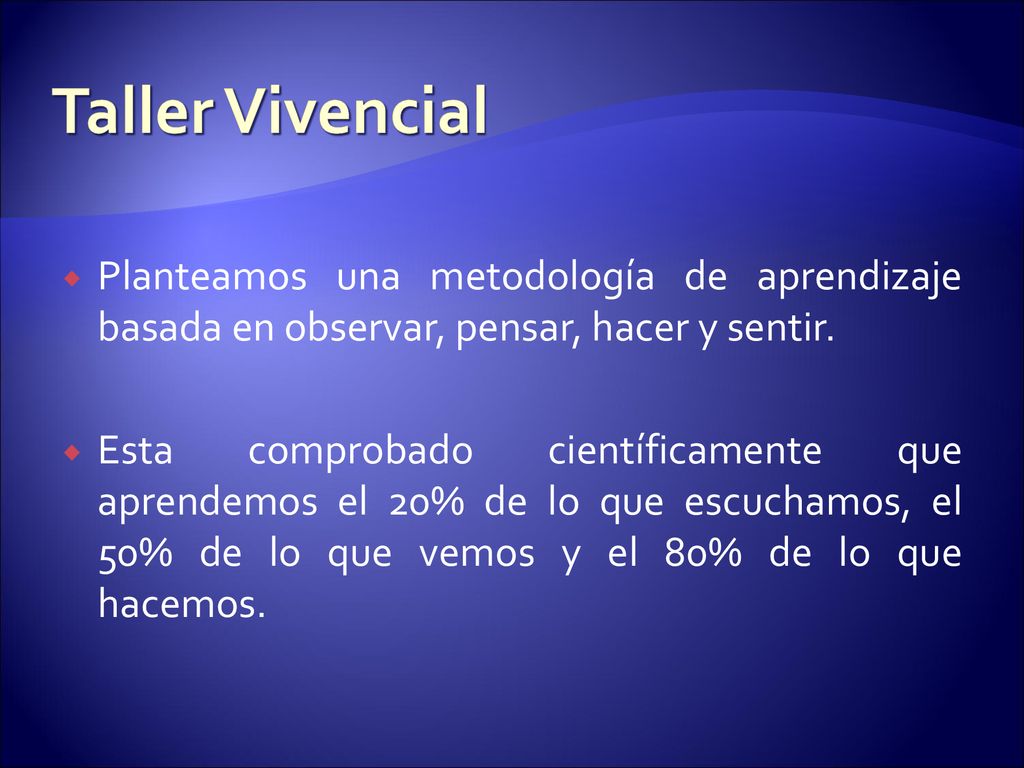Taller Vivencial Planteamos una metodología de aprendizaje basada en observar, pensar, hacer y sentir.
