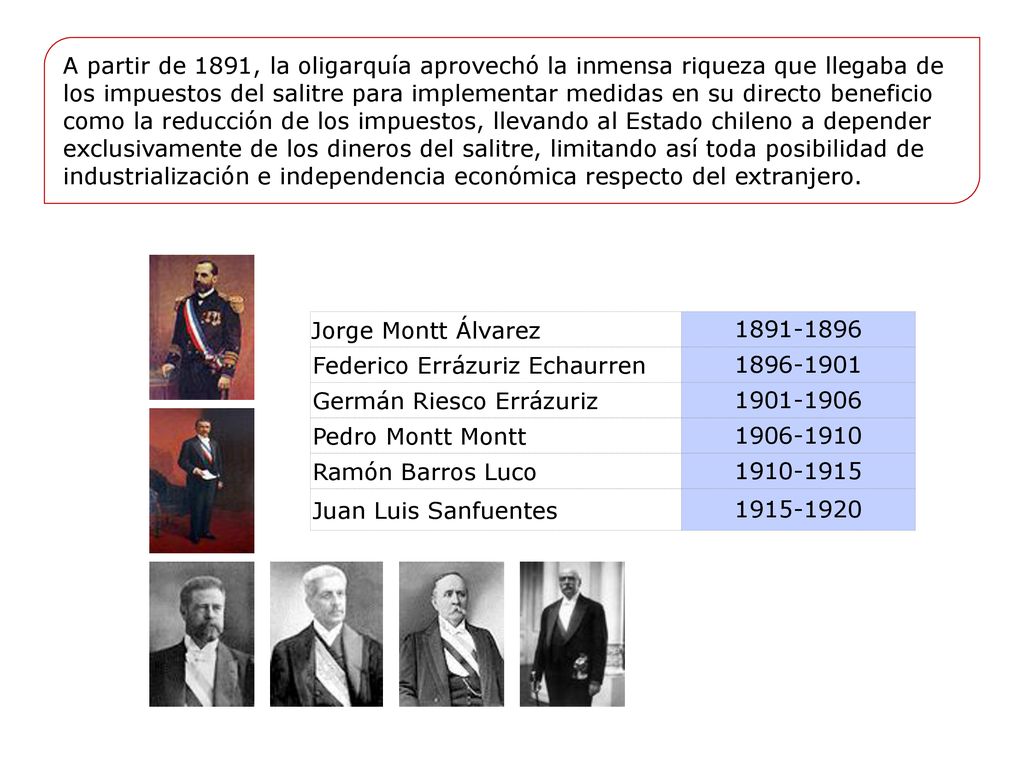 A partir de 1891, la oligarquía aprovechó la inmensa riqueza que llegaba de los impuestos del salitre para implementar medidas en su directo beneficio como la reducción de los impuestos, llevando al Estado chileno a depender exclusivamente de los dineros del salitre, limitando así toda posibilidad de industrialización e independencia económica respecto del extranjero.