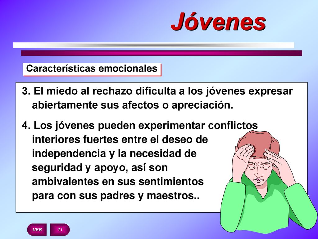 Jóvenes Características emocionales. 3. El miedo al rechazo dificulta a los jóvenes expresar abiertamente sus afectos o apreciación.