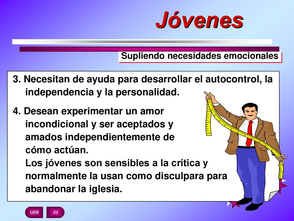 Jóvenes Supliendo necesidades emocionales. 3. Necesitan de ayuda para desarrollar el autocontrol, la independencia y la personalidad.