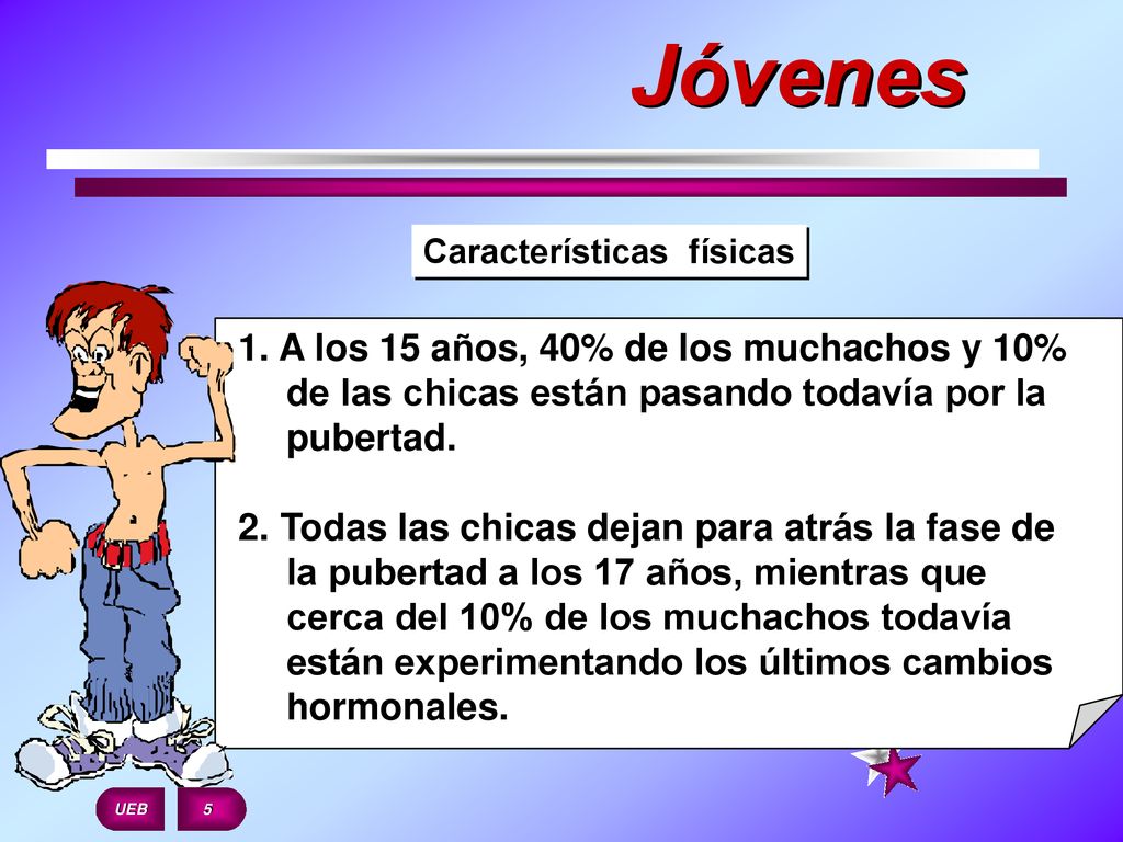 Jóvenes Características físicas. 1. A los 15 años, 40% de los muchachos y 10% de las chicas están pasando todavía por la pubertad.