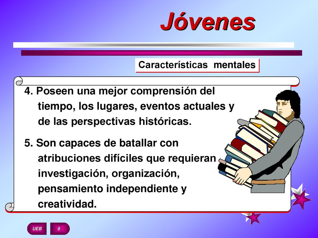 Jóvenes Características mentales. 4. Poseen una mejor comprensión del tiempo, los lugares, eventos actuales y de las perspectivas históricas.