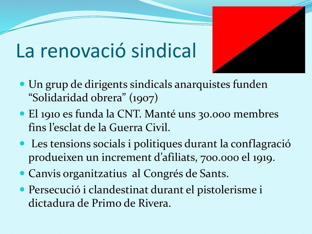 La renovació sindical Un grup de dirigents sindicals anarquistes funden Solidaridad obrera (1907)
